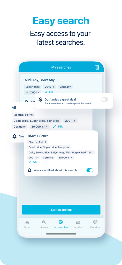 Interface of the AutoUncle app showing saved car searches and notification settings for price drops
