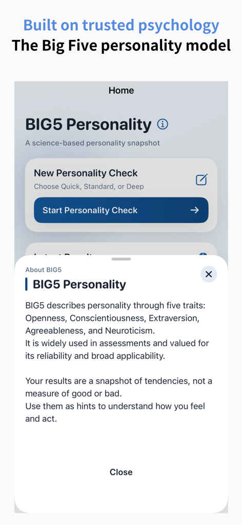 BIG5性格診断アプリの紹介画面。信頼できる心理学に基づいた5つのコア性格特性について説明しています。