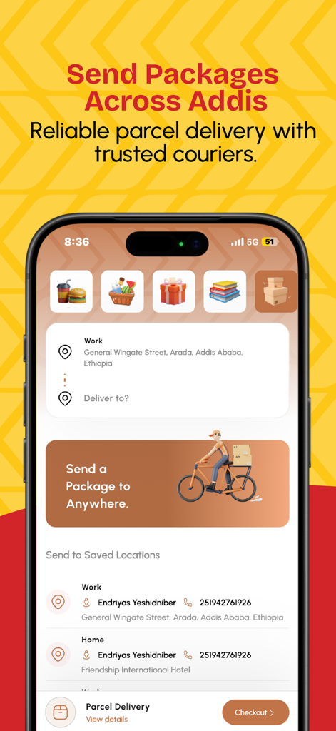 klik Delivery - Food, Shopping - Klik Delivery app interface for sending parcels across Addis Ababa.