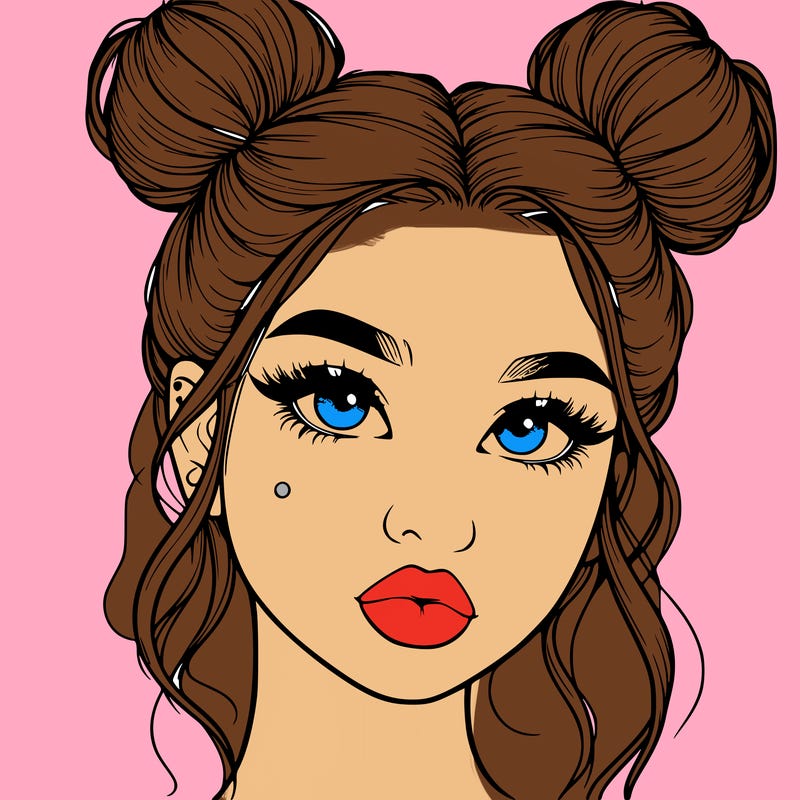realistic girl with two buns on her hair and lips