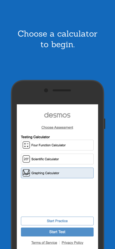 Desmos Test Mode - Interfaccia dell'app Desmos Test Mode che mostra opzioni per selezionare una calcolatrice a quattro funzioni, scientifica o grafica con pulsanti per avviare la pratica o un test.