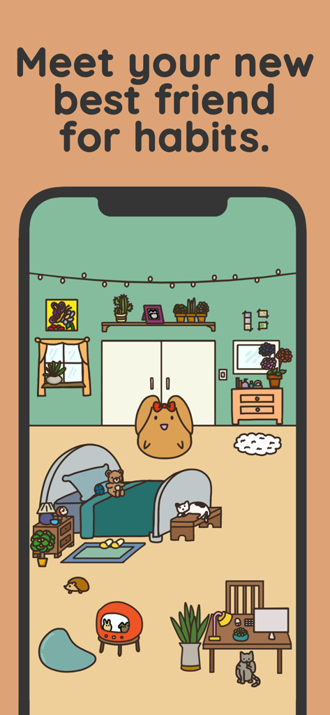 Habit Rabbit: Habit Tracker - A screenshot of the Habit Rabbit app showing a cute rabbit character in a customized virtual room with a bed and desk.