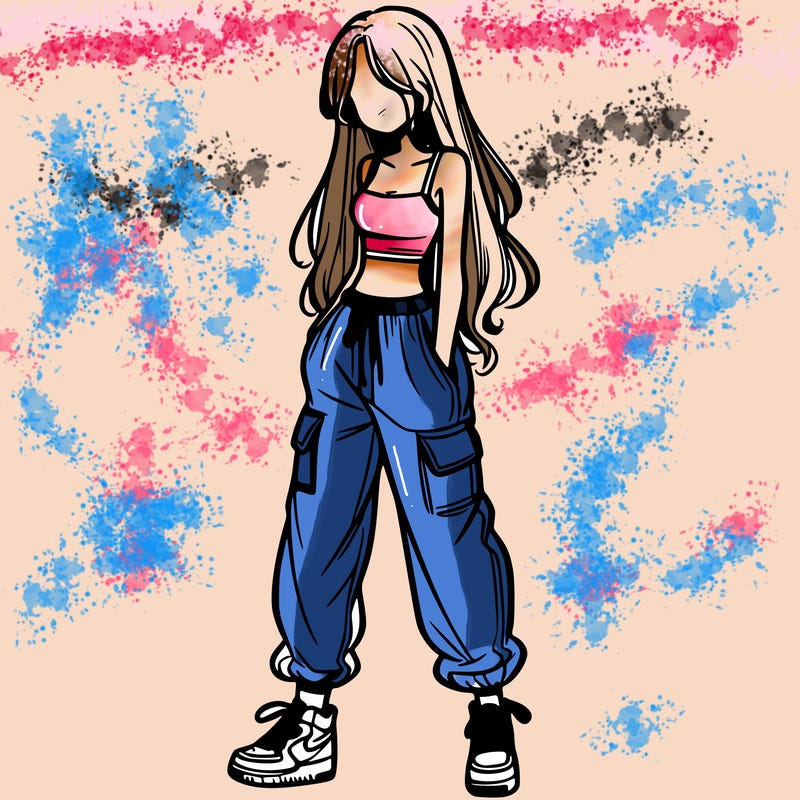 girl in baggy pants crop top and long hair