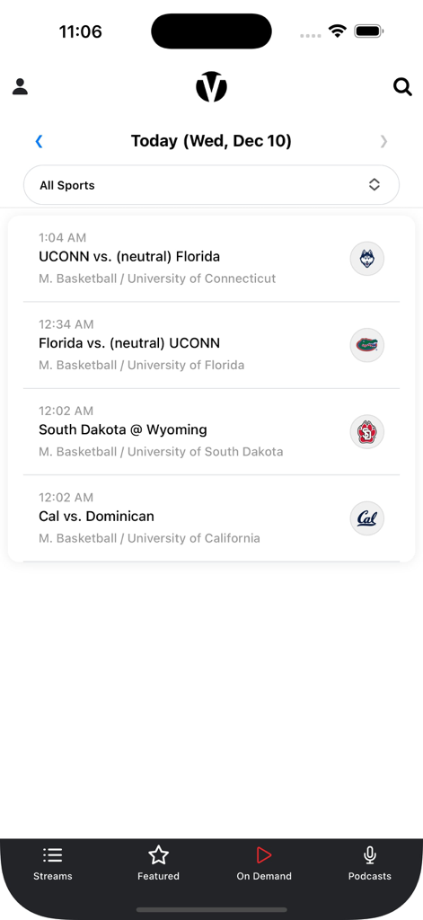 Varsity Network - Varsity Network mobile app interface displaying a list of upcoming college basketball game audio streams.