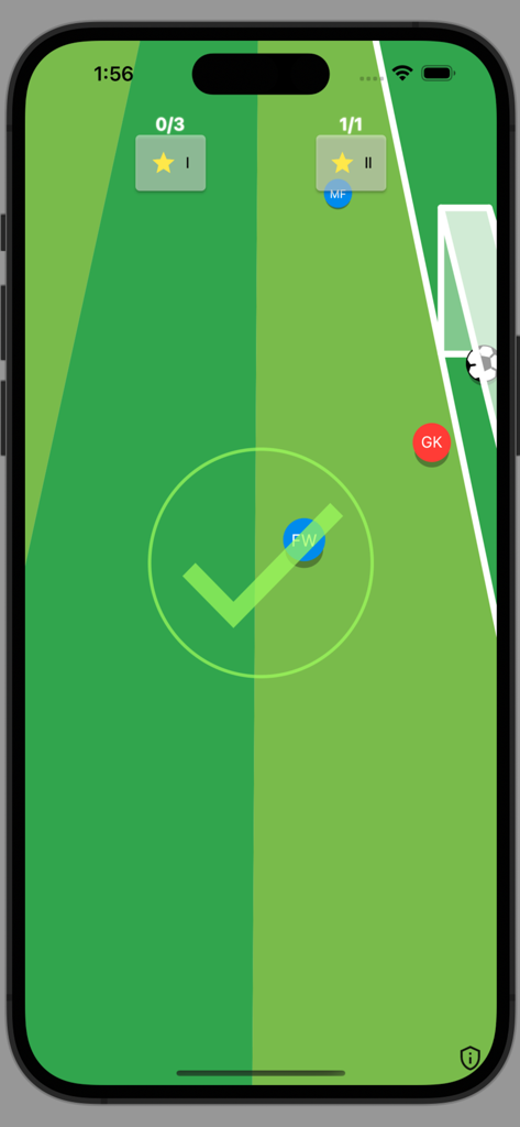 Striker!! - Minimalist soccer game interface with symbolic players and a goal