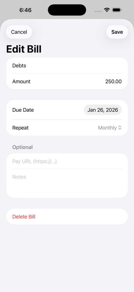 Pay It Next - Interfaccia dell'app Paga Avanti che mostra la schermata Modifica Bolletta con campi per importo, data di scadenza e frequenza mensile.