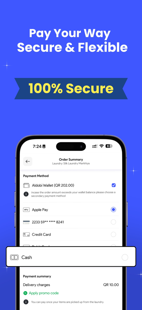 Aldobi: Laundry & Homecare - Aldobiアプリで、Apple Payやデジタルウォレットを含むさまざまな安全な支払いオプションが表示されているモバイル画面。