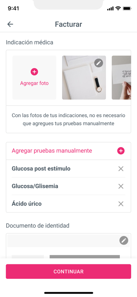Interface da aplicação Amadita para faturação e seleção de exames laboratoriais clínicos, como glicose e ácido úrico