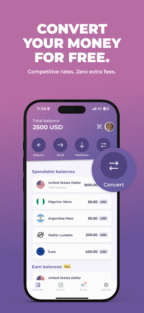 Beans App - Beans App interface showing a multi-currency wallet with USD, Naira, Peso, and Euro balances and a free money conversion feature.