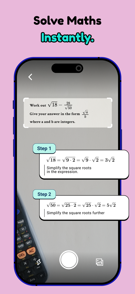 Stimy AI: Math Solver & Tutor - Stimy AI app interface showing a scanned math problem with step by step solutions for square root expressions