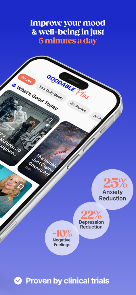 Goodable: The Happiness App - Goodable app interface showing positive news and statistics from clinical trials about anxiety and depression reduction.