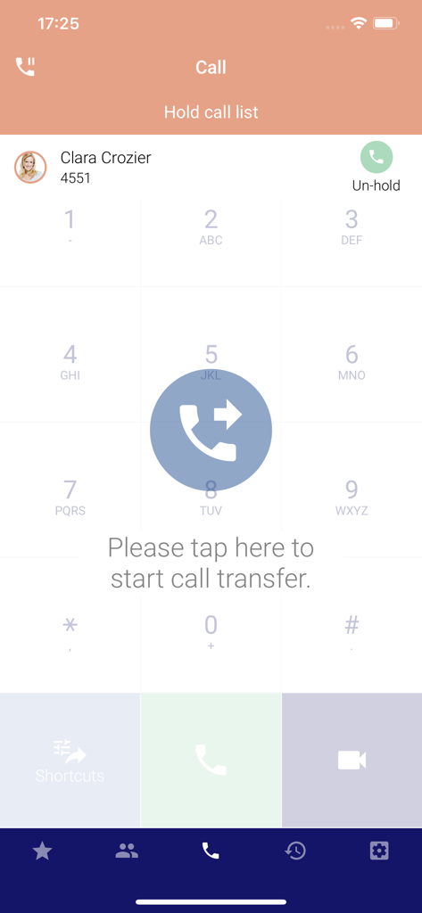 UNIVERGE ST500 - UNIVERGE ST500 business softphone call transfer screen with dial pad and contact on hold