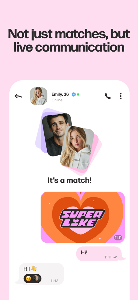 Mamba dating app interface showing a match notification and active chat with a super like icon
