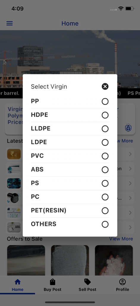 Polytrend app selection menu for virgin polymer types including PP HDPE and PVC