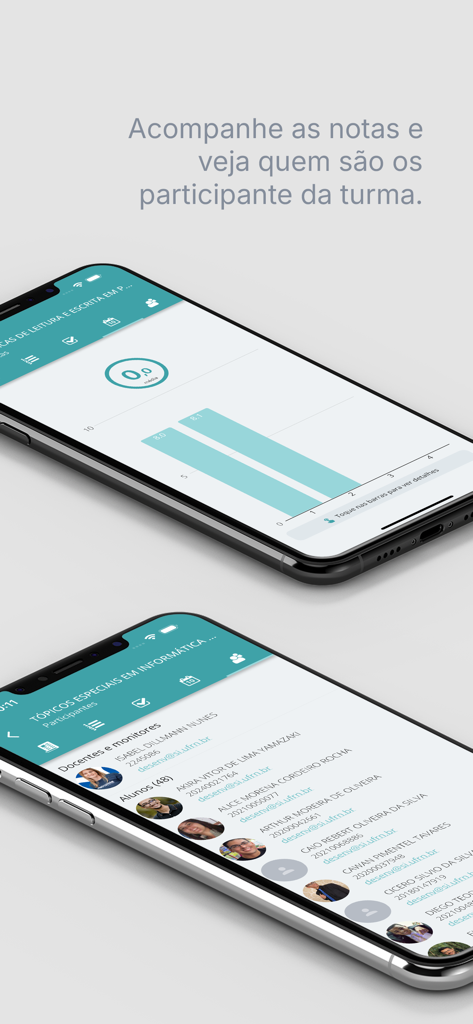 Interfaz de la aplicación SIGAA Mobile que muestra el gráfico de calificaciones académicas y la lista de participantes de la clase