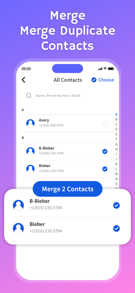 Clean up: AI Storage Cleaner - App screen showing the merge duplicate contacts feature of Clean up AI Storage Cleaner