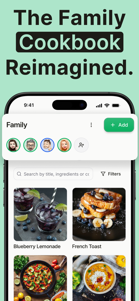 Recipe Keeper - Mr. Cook - A smartphone showing the Mr Cook app interface with shared family recipes and member avatars