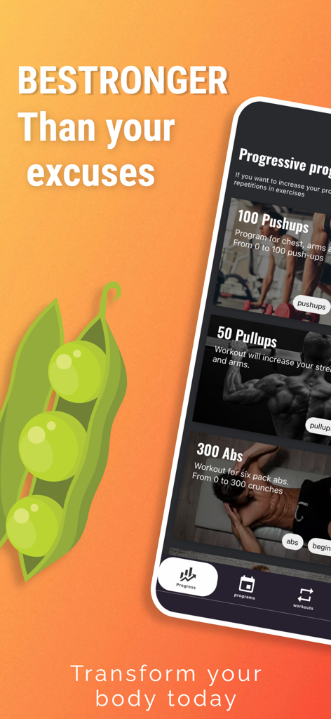 BeStronger Home workouts - Pantalla de la app de entrenamiento en casa BeStronger que muestra programas de entrenamiento progresivo para flexiones, dominadas y abdominales