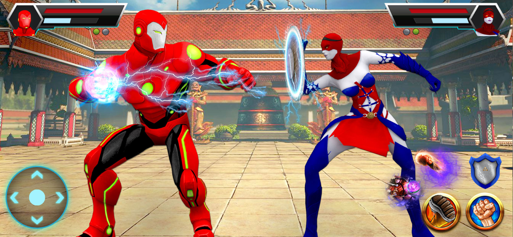 Kung Fu Karate - Fighting Game - Superhéroe robot rojo luchando contra una heroína en el patio de un templo de artes marciales