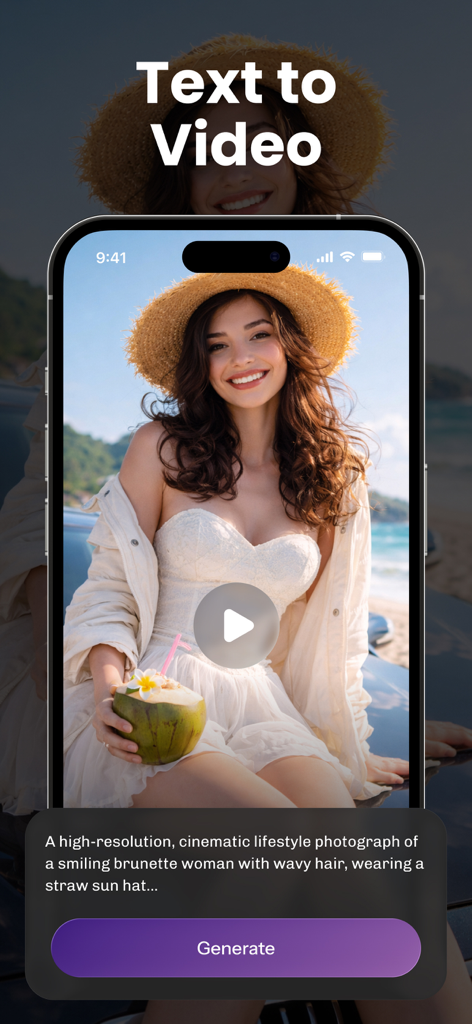 Smartphone screen showing the Zix app Text to Video generator with a lifestyle prompt