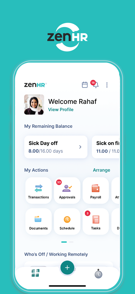 ZenHR - ZenHR mobile app employee self-service dashboard displaying time off balances and action buttons like payroll and schedule