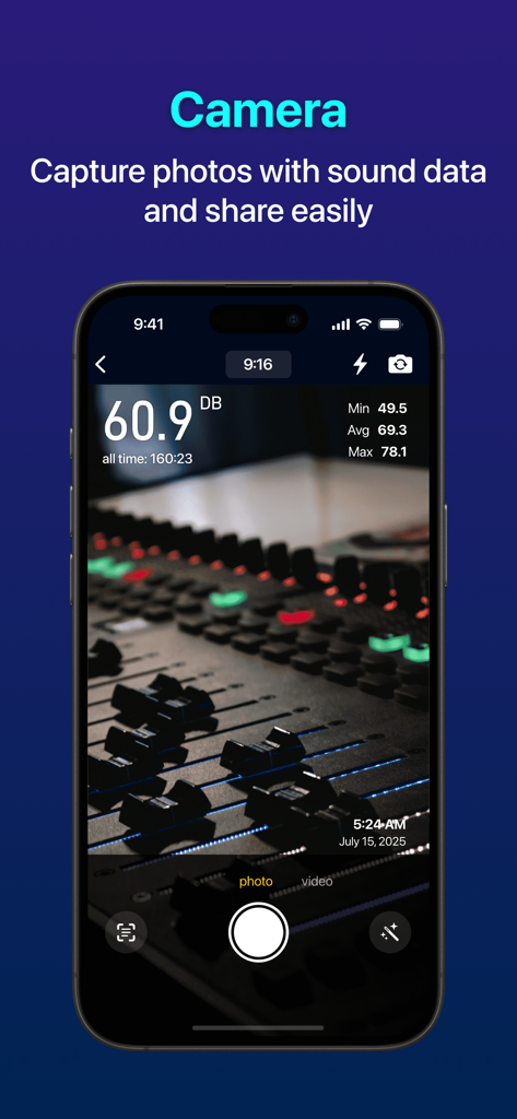 Decibel: dB Sound Meter - Decibel app interface showing real-time sound level data overlayed on a photo of a professional mixing console.