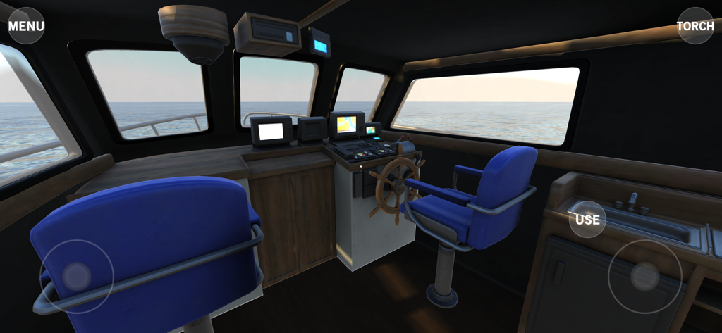 Sea Fishing Simulator - Interior view of the boat cabin in Sea Fishing Simulator with navigation screens and a steering wheel