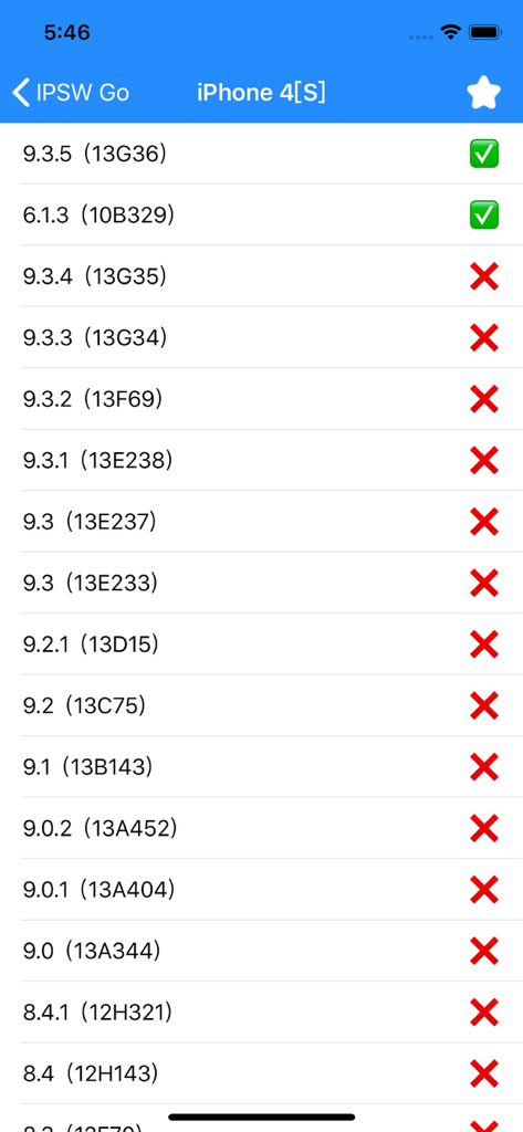 IPSW Go - Una lista de versiones de firmware de iOS firmadas y no firmadas para un iPhone 4S mostradas en la aplicación móvil IPSW Go.