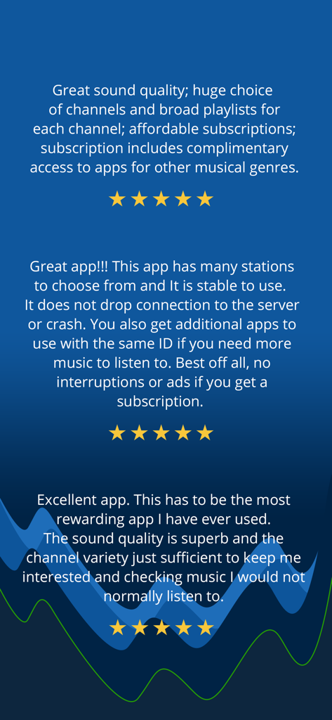 Radio Tunes - great music 24/7 - Three 5-star user reviews for Radio Tunes app praising sound quality and channel variety