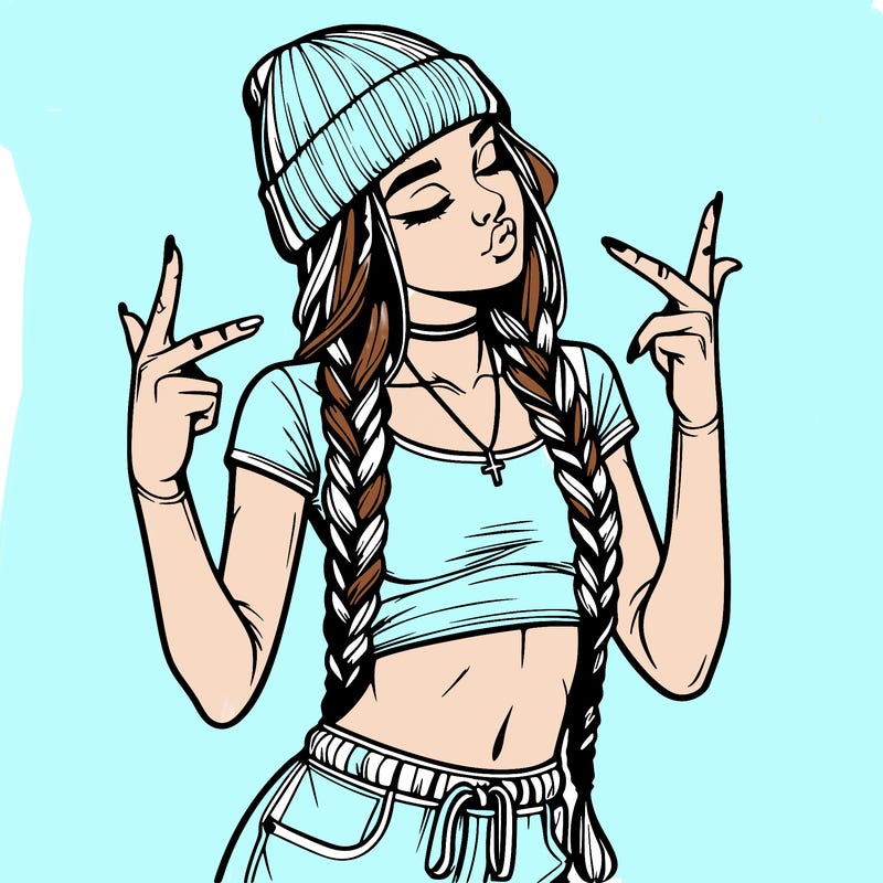 realistic teenage girl with braids and a beanie and crop top doing 🫶🏼