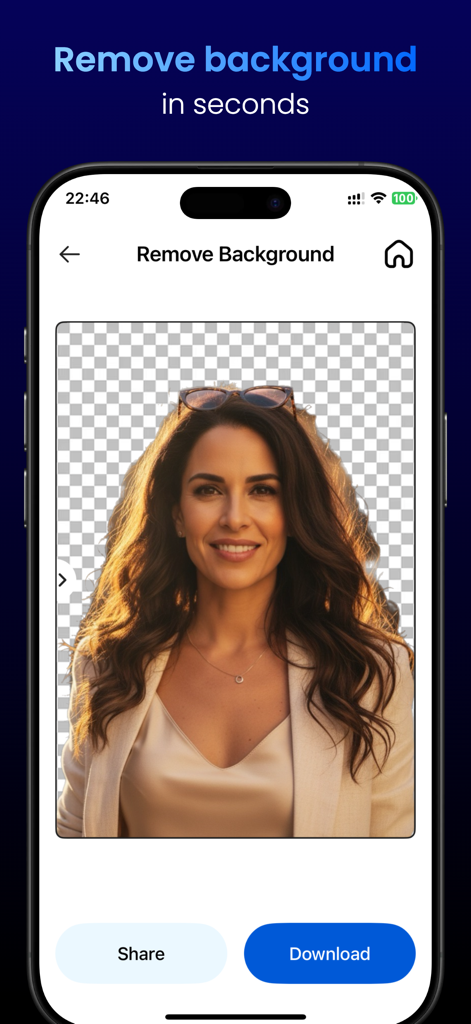 AuraAI: Photo Generator - AuraAI app interface showing the background removal feature with a portrait of a woman on a transparent background