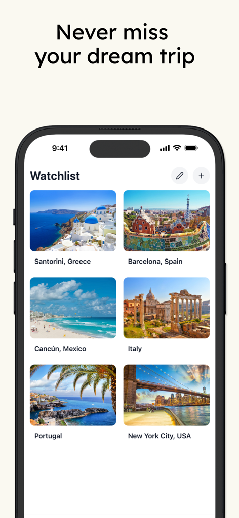 Airclub - Flight Deals - Schermata della watchlist dell'app Airclub che mostra destinazioni di viaggio salvate come Santorini, Barcellona e Cancun