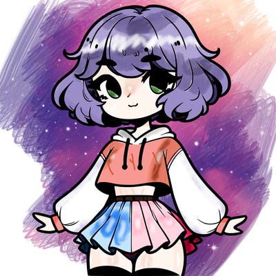 cute femboy with short, fluffy hair that softly frames their face, wearing a cropped hoodie, paired with a flouncy short skirt, and thigh-high stockings