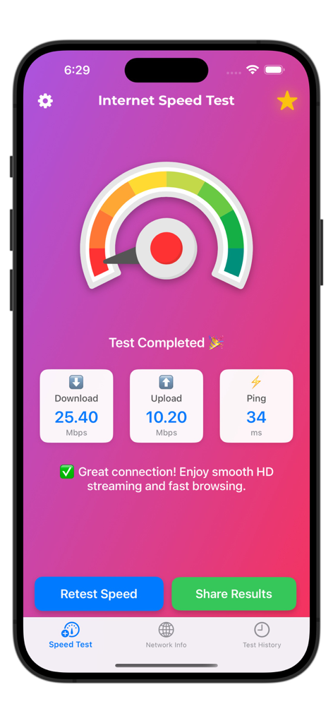 Test Speed: WiFi & Internet - Internet speed test results on iPhone showing download upload and ping metrics