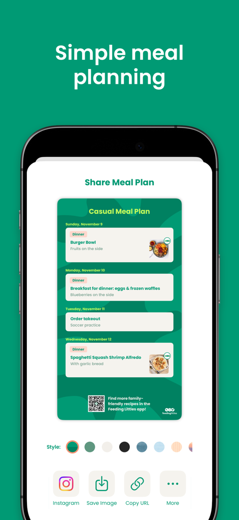 Feeding Littles - Easy Recipes - Una interfaz de aplicación móvil que muestra un plan de comidas semanal informal que se comparte con opciones de redes sociales como Instagram.