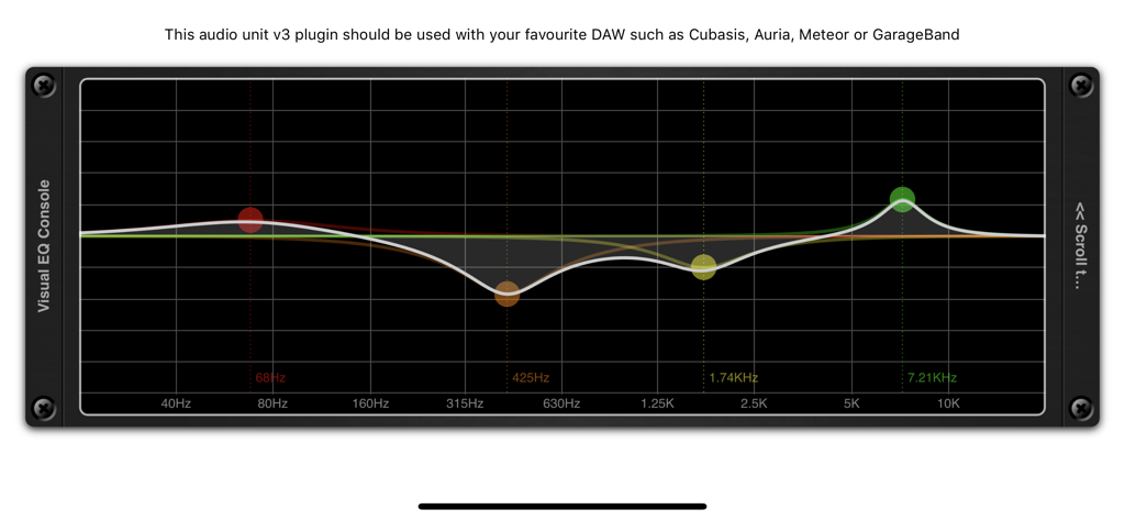 Interface of the Visual EQ Console AUv3 plugin with frequency response graph and spectrum analyzer