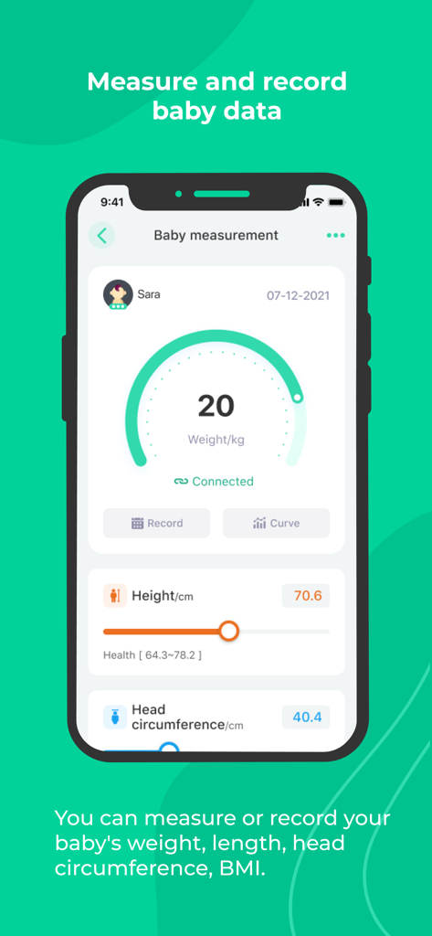 iMoni Health - track your body - iMoni Health app screen for tracking baby weight height and head circumference measurements