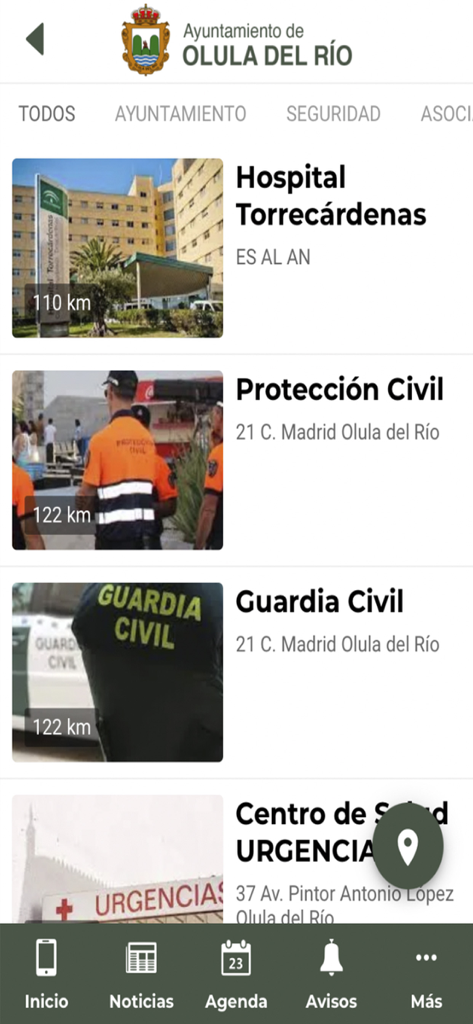 Directorio de servicios locales de emergencia y salud en la aplicación móvil Olula del Río.