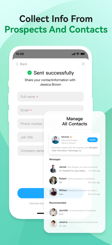 CamCard app screens showing a prospect information form and a list for managing business contacts