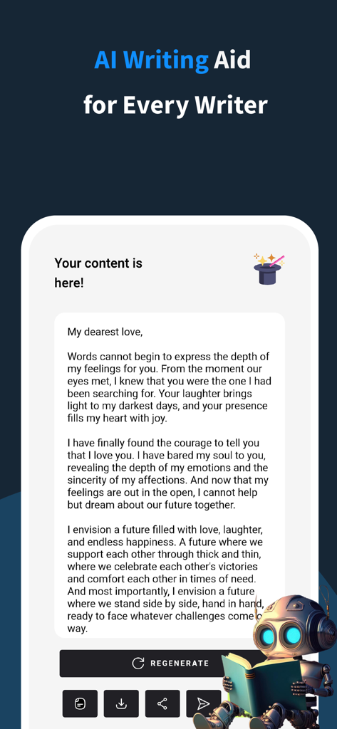 Writing AI - Essay Assistant - Interface of the Writing AI app displaying a generated personal letter with options to regenerate and share