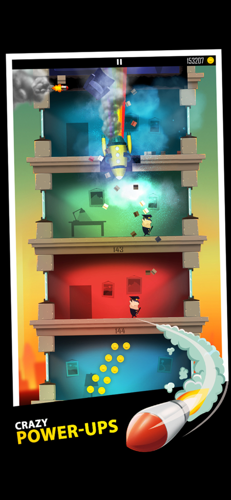 Daddy Was A Thief - Gameplay screenshot of Daddy Was A Thief showing a character using a rocket power-up to smash through building floors.