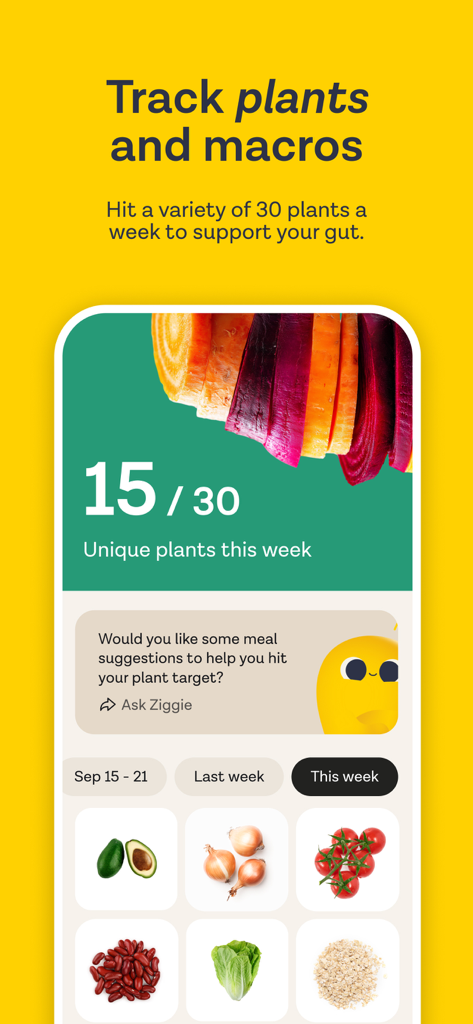 ZOE Health: AI Meal Tracker - ZOE Health app screen showing a progress tracker for eating thirty unique plants a week for gut health.