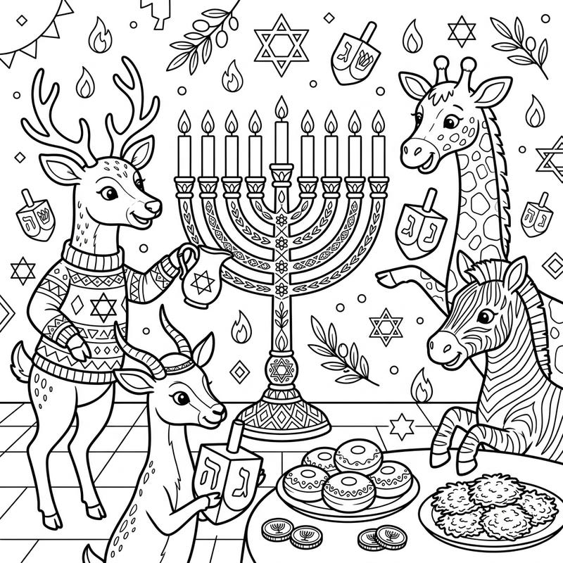 Step into a heartwarming Hanukkah celebration with this delightful coloring page featuring beloved hoofed animals. Join a friendly deer, graceful giraffe, striped zebra, and charming antelope as they light the menorah and share festive treats, ready for your creative touch.
