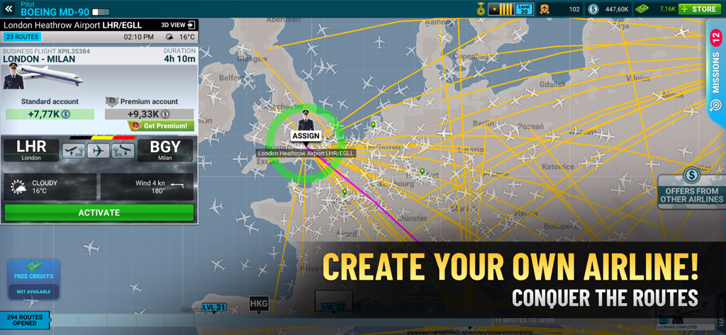 Airline Commander: Flight Game - Screenshot of Airline Commander showing a map of flight routes across Europe with airline management interface.
