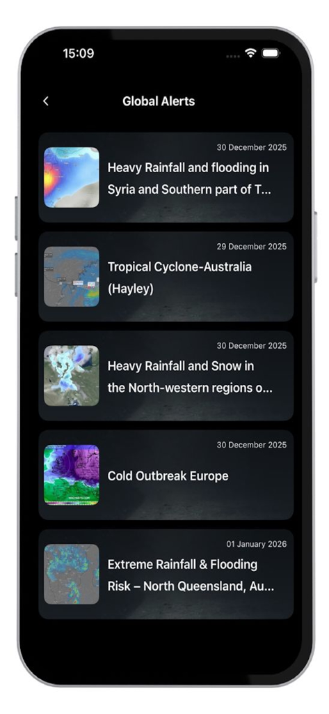 Global Disasters Early Warning - Global disaster alerts screen showing a list of natural disaster warnings worldwide
