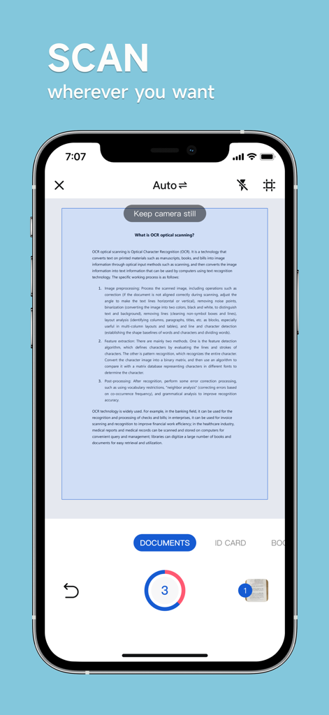 pScanner:PDF Document Scanner - iPhone screen showing pScanner app scanning a printed document with auto-edge detection and OCR text recognition