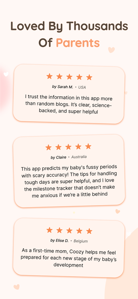 Five-star parent testimonials and user reviews for the Coozy baby tracking app