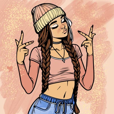 realistic teenage girl with braids and a beanie and crop top doing 🫶🏼