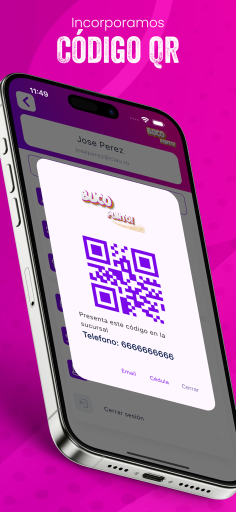 Smartphone mostrando un código QR para el programa de lealtad Buco Punto