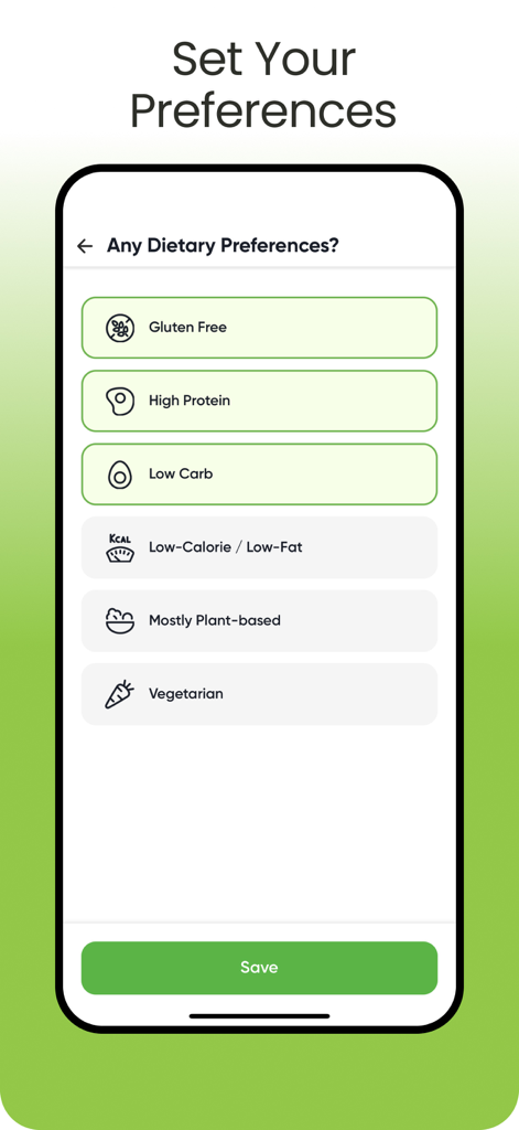 a better meal - Meal Planner - Tela mostrando opções de preferência alimentar como Sem Glúten e Alta Proteína no aplicativo A Better Meal.